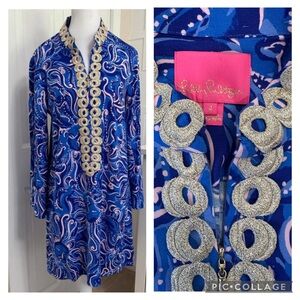 LILLY PULITZER GRACELYNN Stretch  Dress in Coastal Blue Whispurr, Gold Trim sz 4